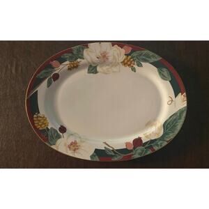 Tienshan Fine China Magnolia 14”‎ Oval Serving Platter Floral Pinecone Vintage